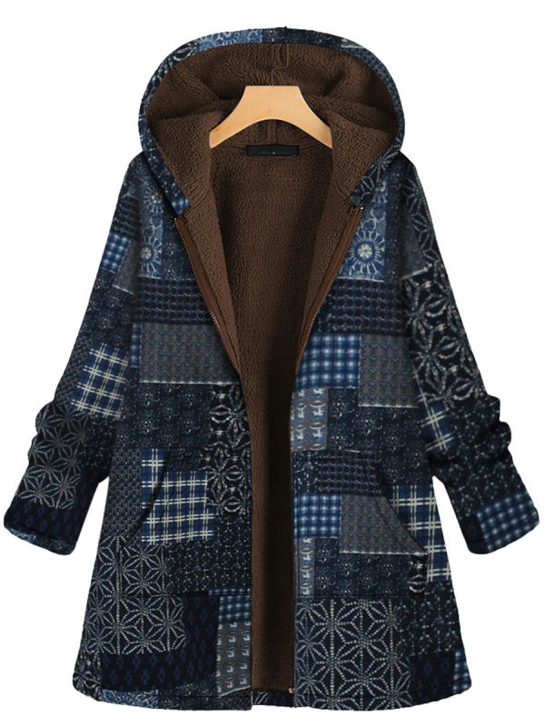 Ethnic Print Plus Fleece Hooded Zipper Long Sleeve Coat