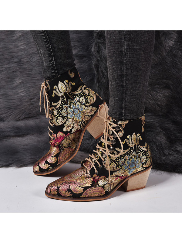 Women's Thick Heel Pointed Toe Embroidery Boots