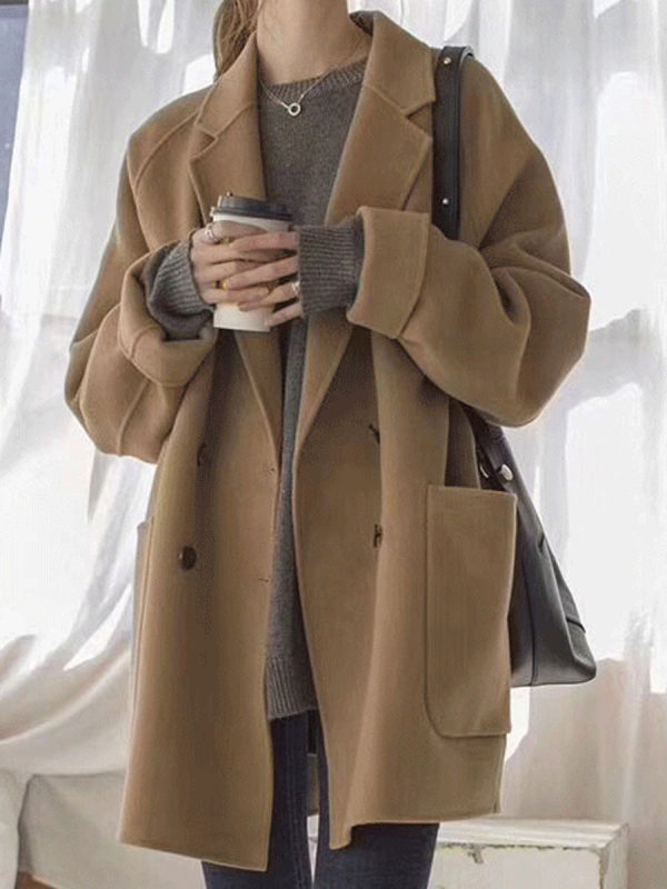 Pure Color Autumn And Winter Double-breasted Woolen Coat