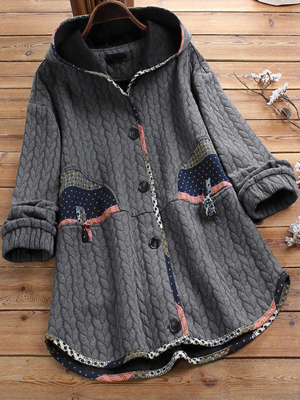Hooded Single-breasted Stitching Ethnic Print Long-sleeved Coat