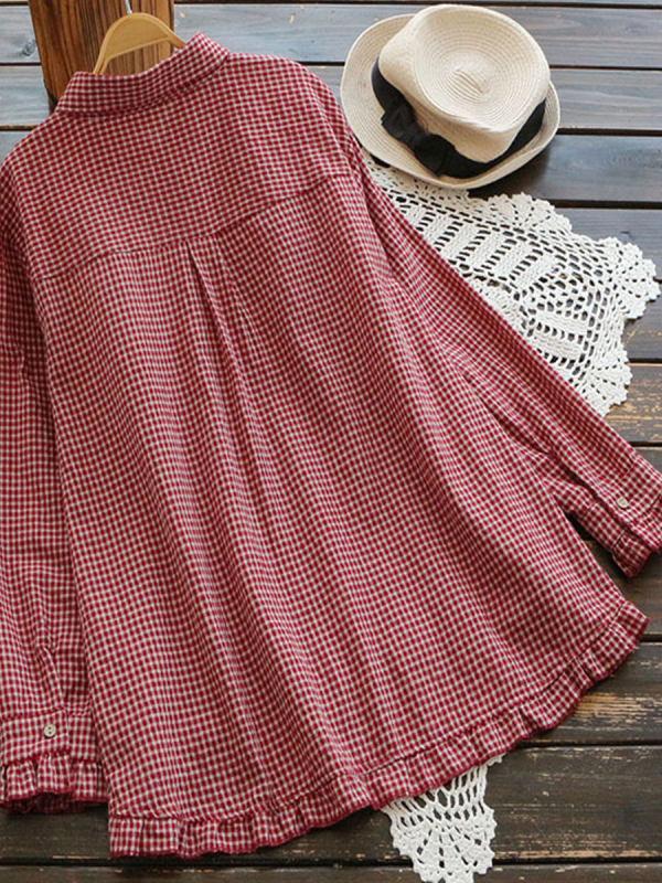Cotton And Linen Ruffled Plaid Lapel Longsleeved Blouse