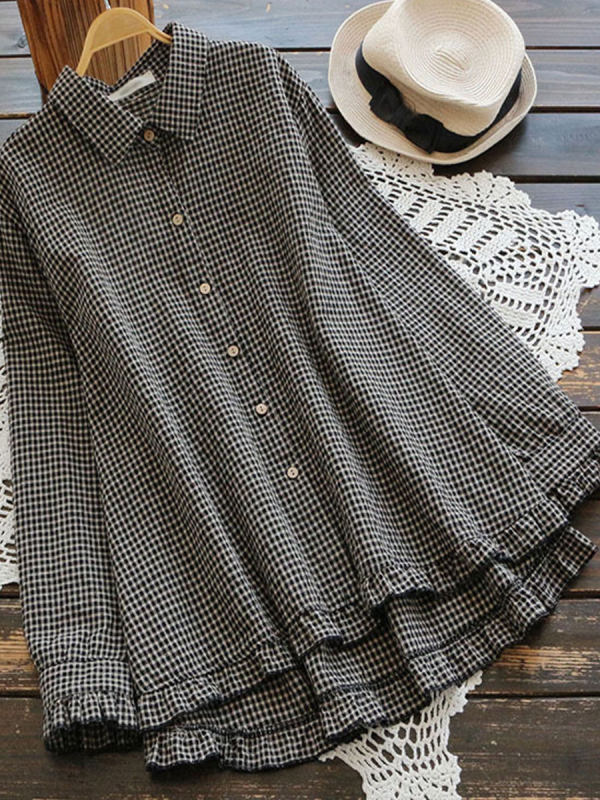 Cotton And Linen Ruffled Plaid Lapel Long-sleeved Blouse - realyiyi.com