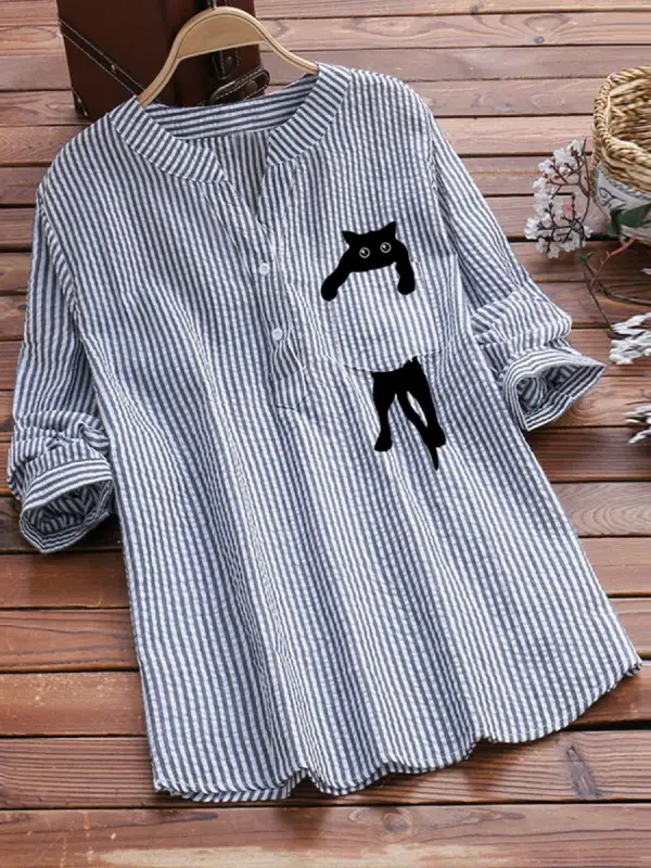 V-neck Cotton And Linen Striped And Cat Print Long Sleeve Blouse - Ninacloak.com 