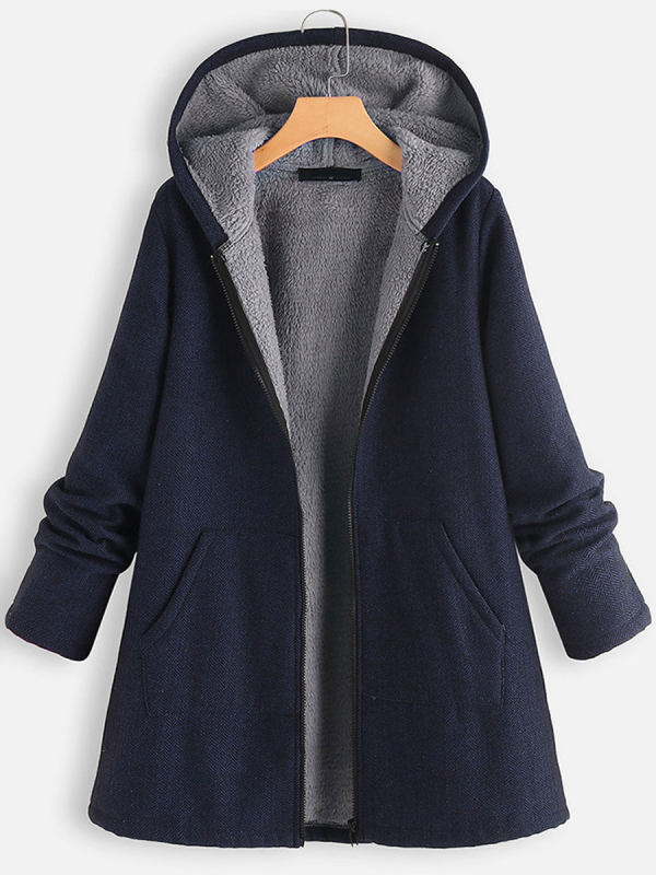 Mid-length Casual Plus Velvet Thick Herringbone Hooded Coat