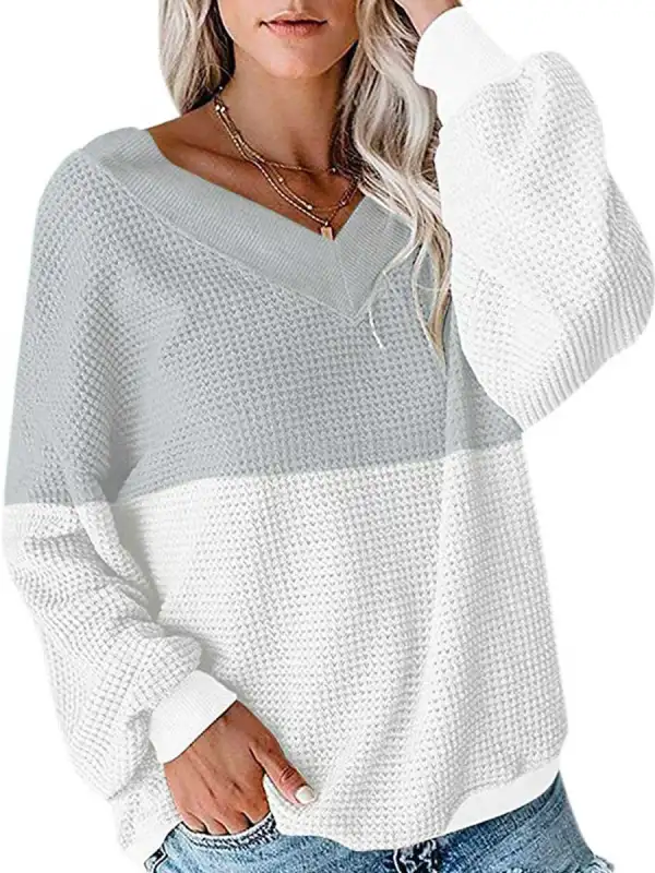 Stitching Contrast Color V-neck Women Long-sleeved T-shirt - Luvyle.chimpone.com 