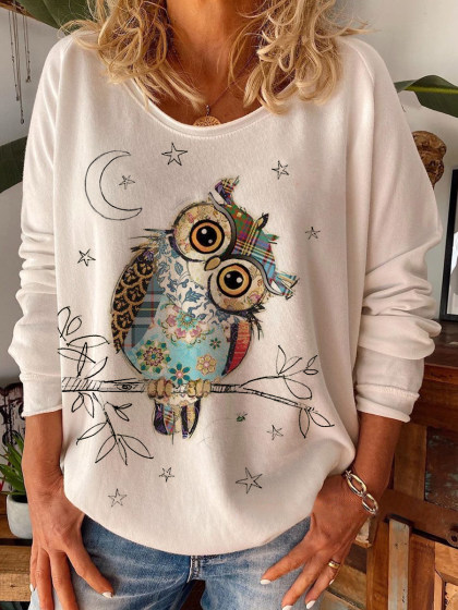 Owl Printed Round Neck Loose T-shirt
