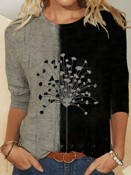 Floral Dandelions Print O-neck Casual T-Shirt