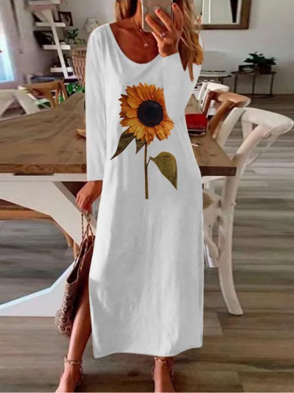 Sunflower Plant Printed Side Slit Long Sleeve Maxi Dress - Ninacloak.com 