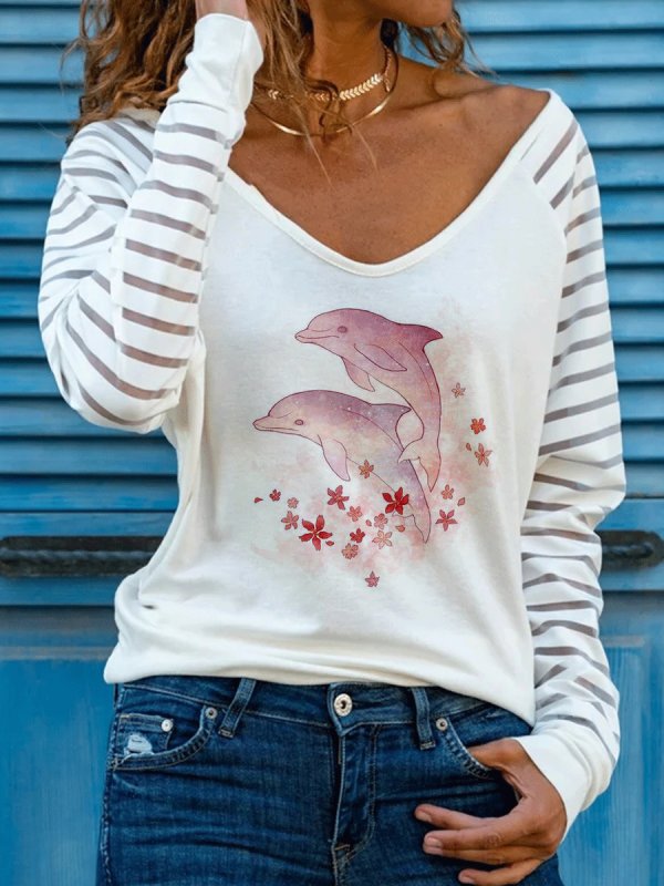 

Dolphin Print Striped Long Sleeve V-neck T-shirt