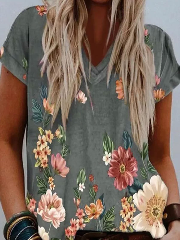 V-neck Floral Print Short-sleeved Loose T-shirt