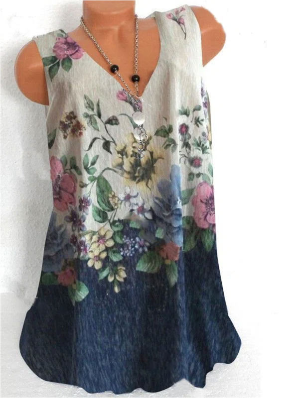 V-neck Floral Print Loose Sleeveless Fashion T-shirt