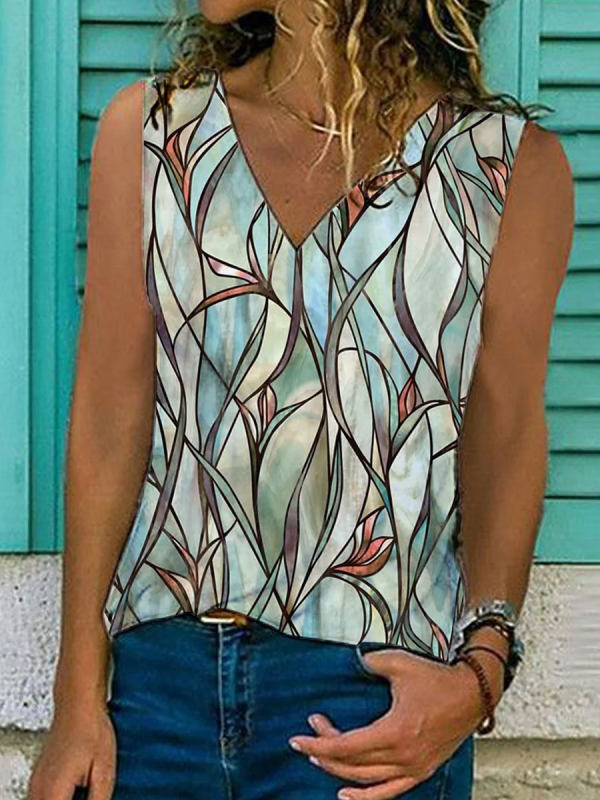 V-neck Leaf Print Sleeveless Fashion Vest T-shirt