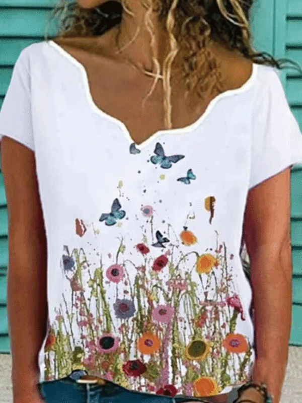 Camiseta casual de manga curta com estampa floral e decote em V - Funluc.com 
