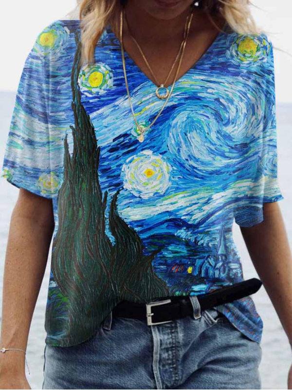 Woman Van Gogh Starry Print Casual V-neck T-shirtWZ