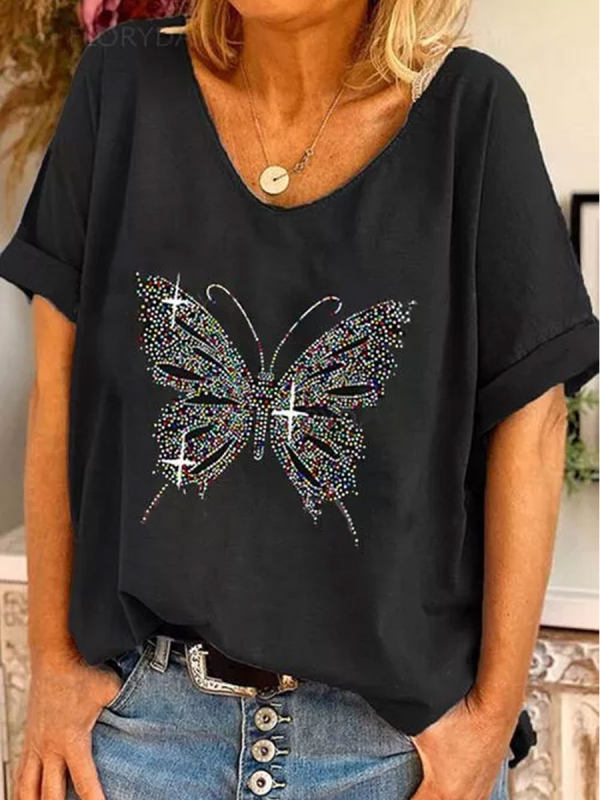 Women'S V-neck Butterfly Print Fashion Short Sleeve T-shirt