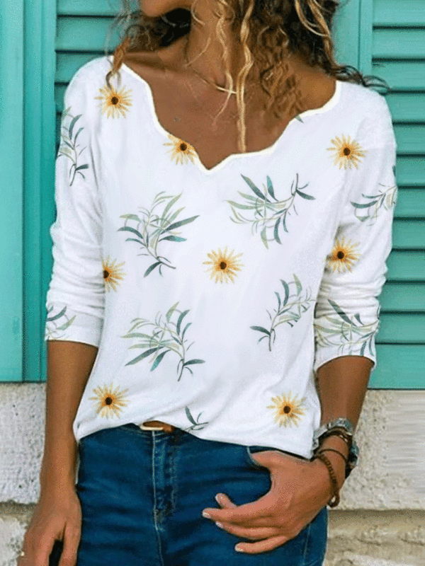Flower Print Long-sleeved Lace V-neck Casual T-shirt Flower Print Long-sleeved Lace V-neck Casual T-shirt