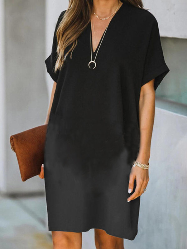 Ladies V-neck Black Fashion Shift Dress - Juretro.com