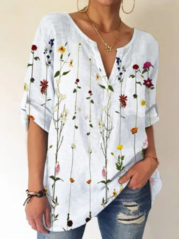 Ladies V-neck Floral Print Short-sleeved Blouse