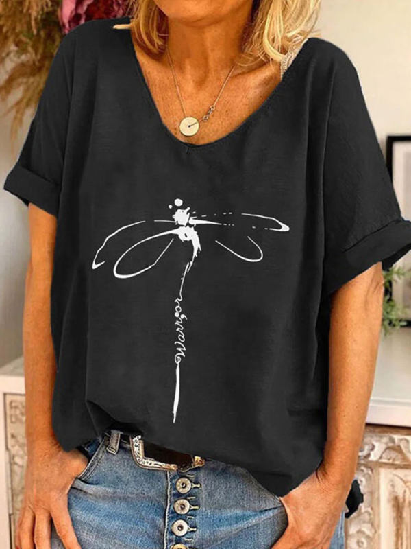V-neck Dragonfly Print Loose Fashion Short-sleeved T-shirt