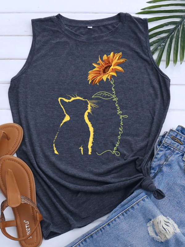 Cat and Sunflower Print Loose Sleeveless T-Shirt