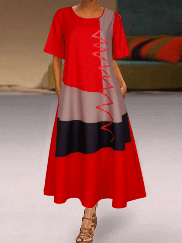 Printed Vneck Shortsleeved Pocket Long Casual Dress