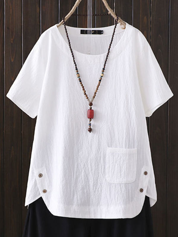 Cotton And Linen Solid Color Short-sleeved Blouse