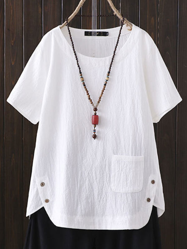 Cotton And Linen Solid Color Short-sleeved Blouse Cotton And Linen Solid Color Short-sleeved Blouse