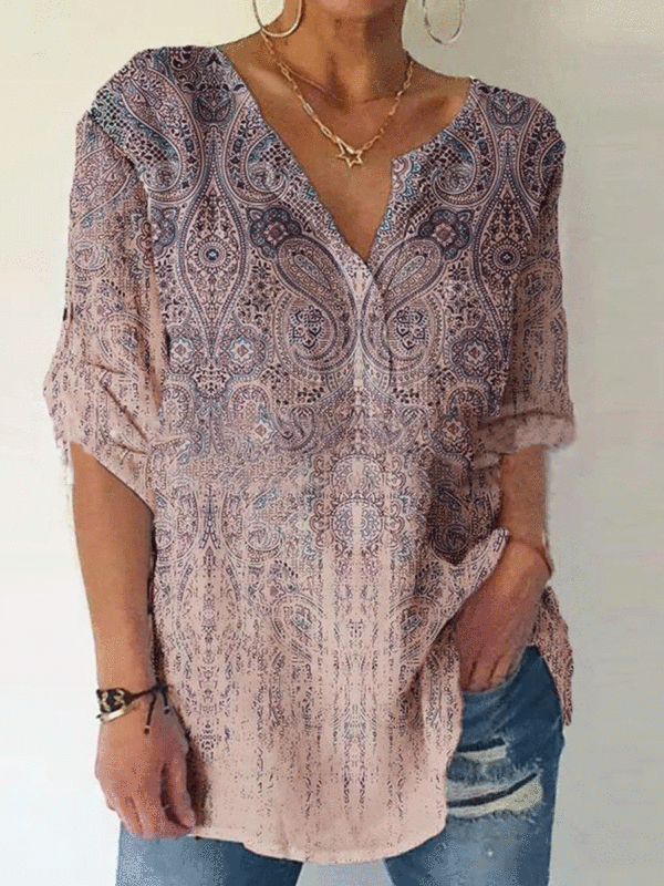 Cotton And Linen Fashion Print Pullover V-neck Blouse