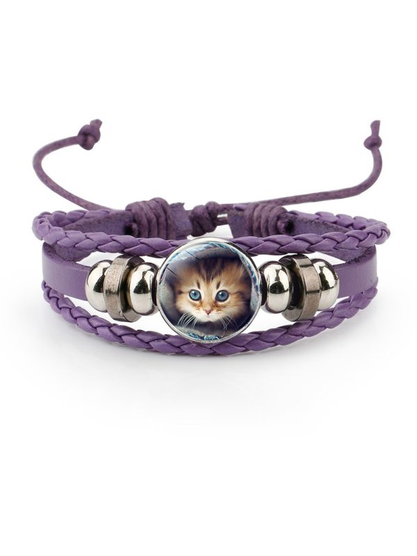 Woven leather animal cat time gem bracelet