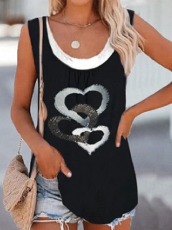 Loose Fashion Fake Two-piece Heart-shaped Print Casual T-shirt