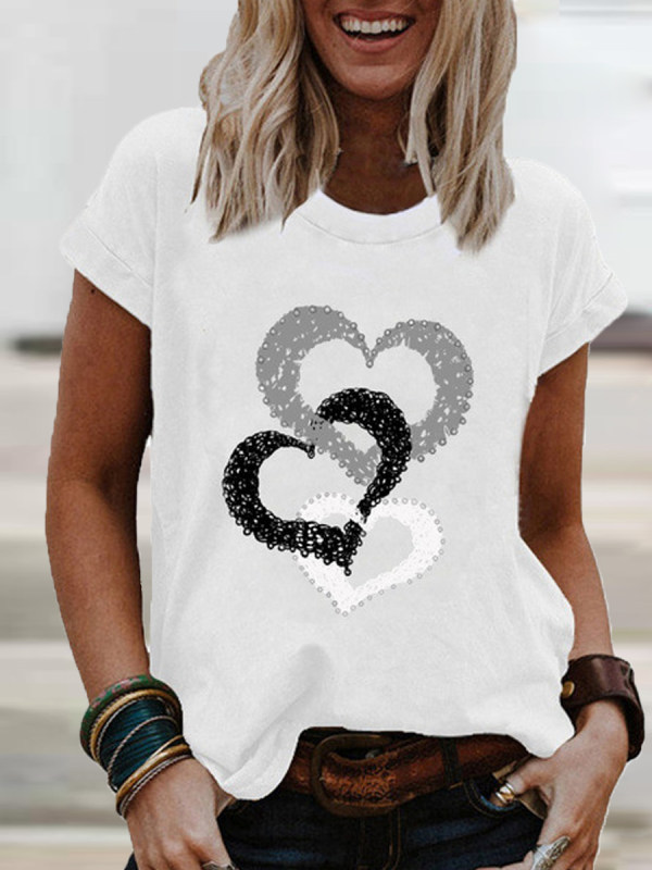  Ladies Love Print Round Neck Short Sleeve T-shirt