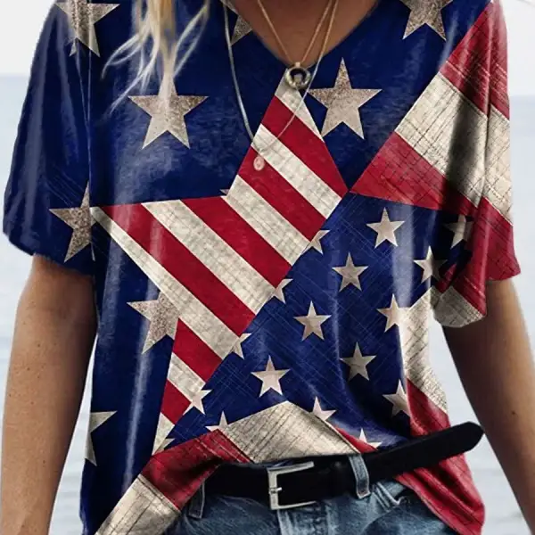 V-neck Star Print Loose Short-sleeved T-shirt - Styletaken.chimpone.com 