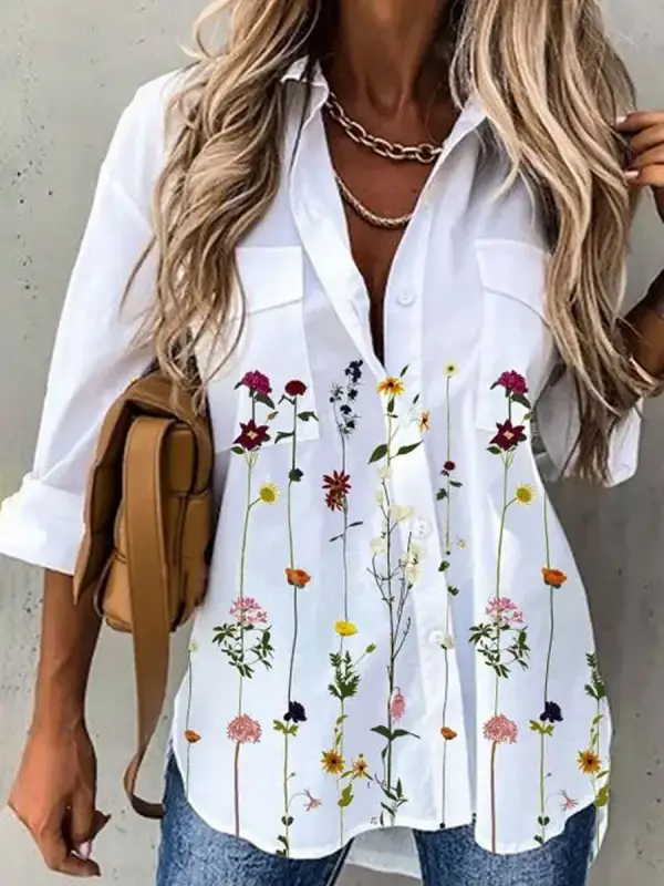 Floral Print Loose Casual Long-sleeved Blouse - Funluc.com 
