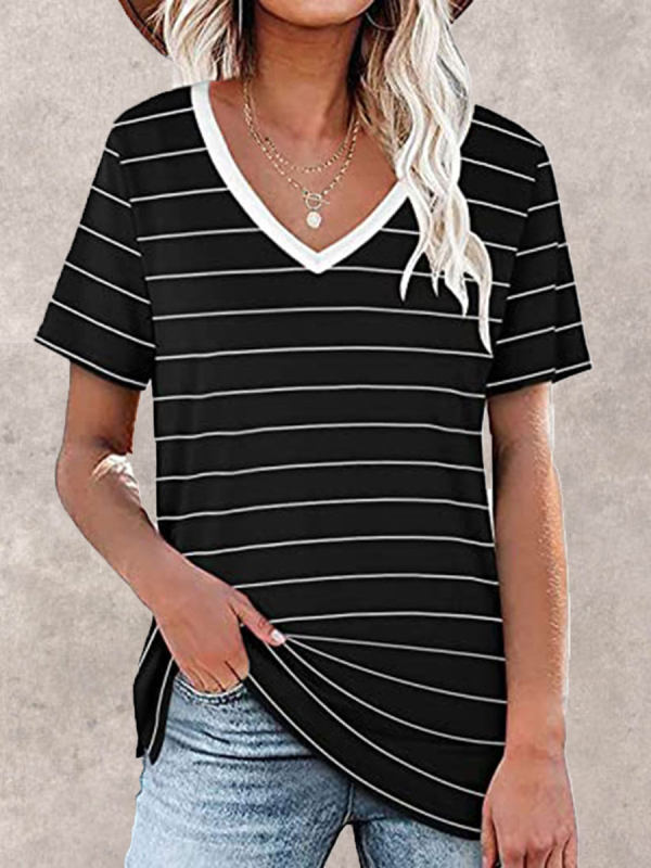 V-neck Striped Loose Short Sleeve T-shirt