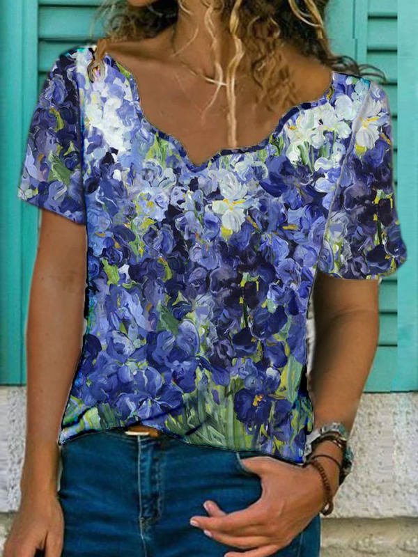 V-neck Floral Print Loose Short-sleeved T-shirt