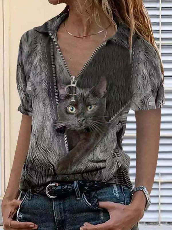V-neck Zipper Cat Print Loose Casual Short-sleeved T-shirt