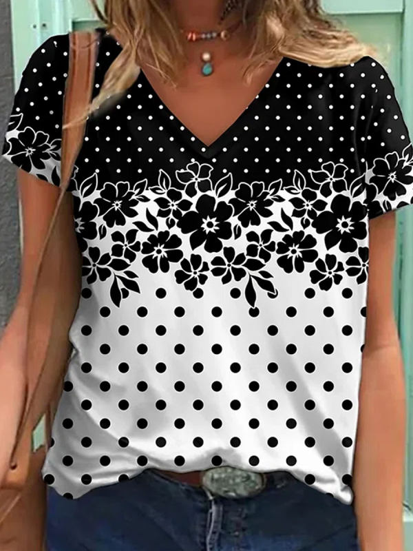 V-neck Floral Polka Dot Print Loose Short-sleeved T-shirt