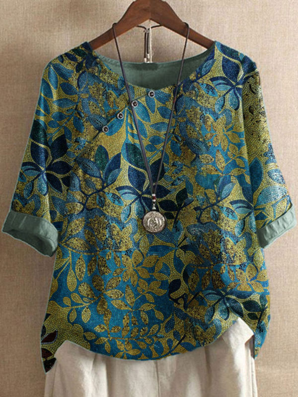 Round Neck Bronzing Leaf Print Casual Blouse Round Neck Bronzing Leaf Print Casual Blouse