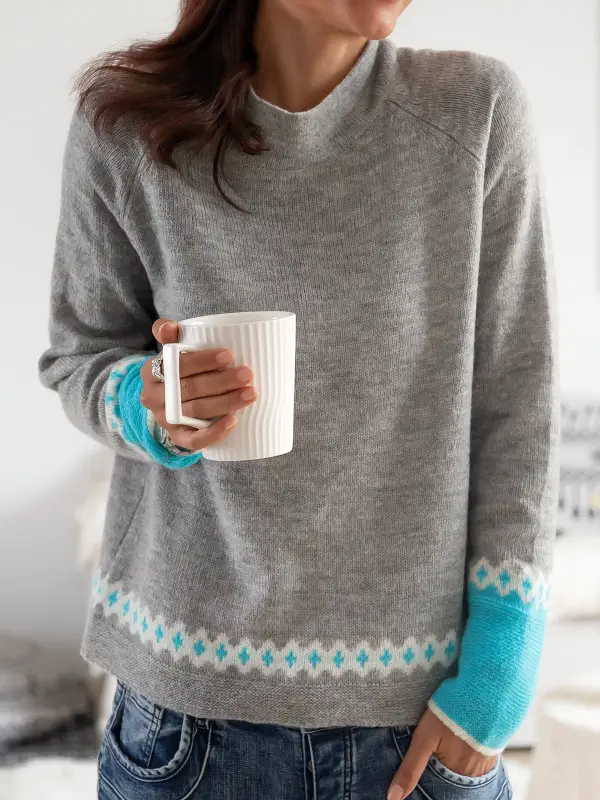Casual Retro Pattern High Neck Long Sleeves Sweater - Funluc.com 