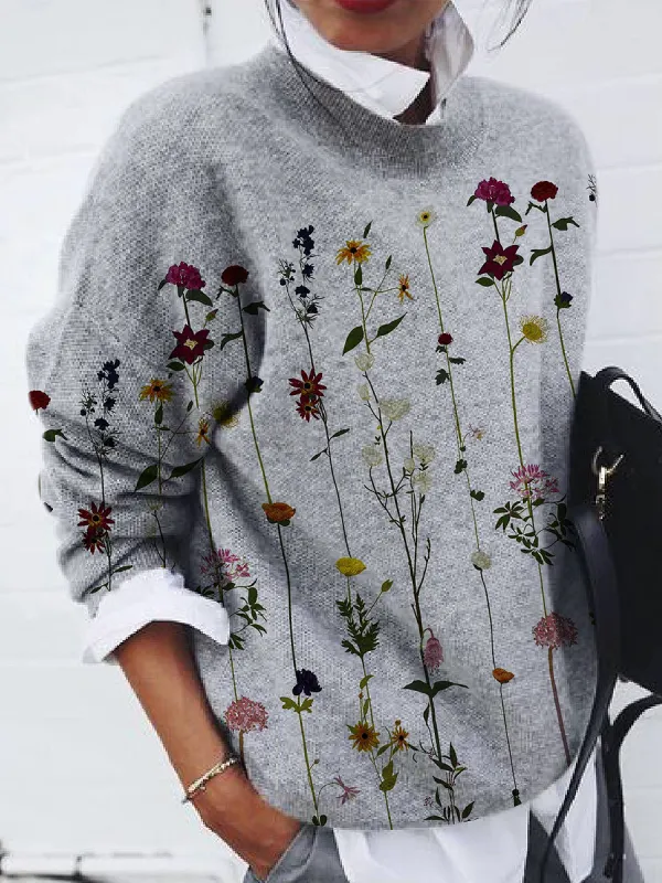 Casual Fashion Flower Print Long-Sleeved Pullover - Ninacloak.com 