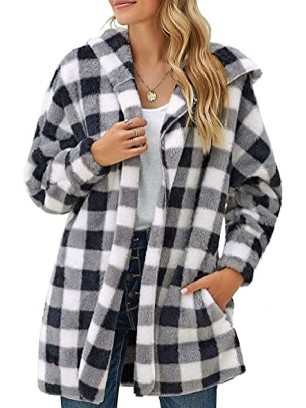 Check Print Loose Casual Hooded Coat