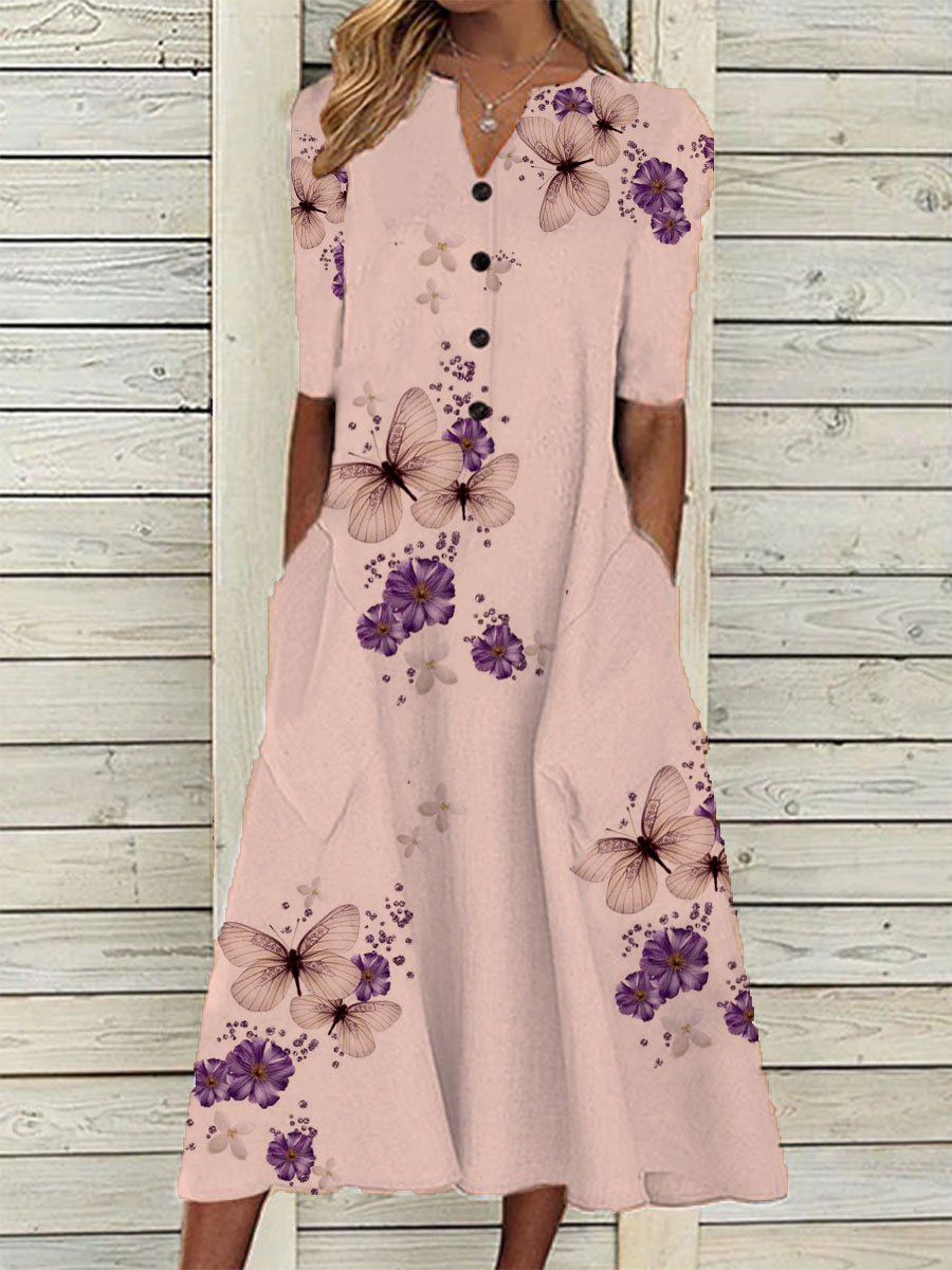 Butterfly Print Long Sleeve Casual Maxi Dress