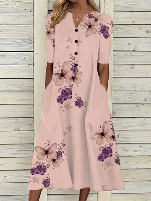 Butterfly Print Long Sleeve Casual Maxi Dress - Minicousa.com 