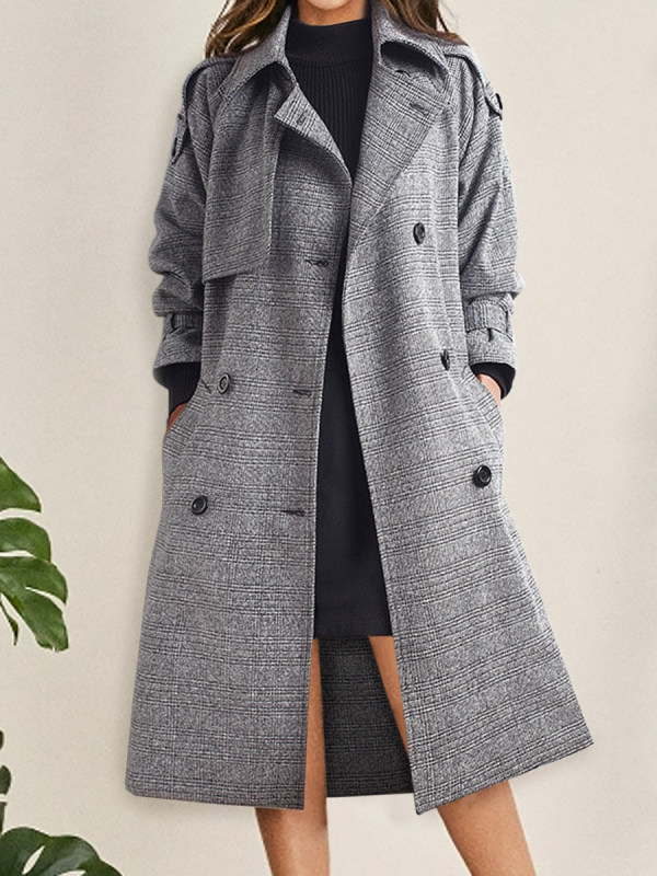 Fashion Double-breasted Mid-length Plaid Woolen Coat