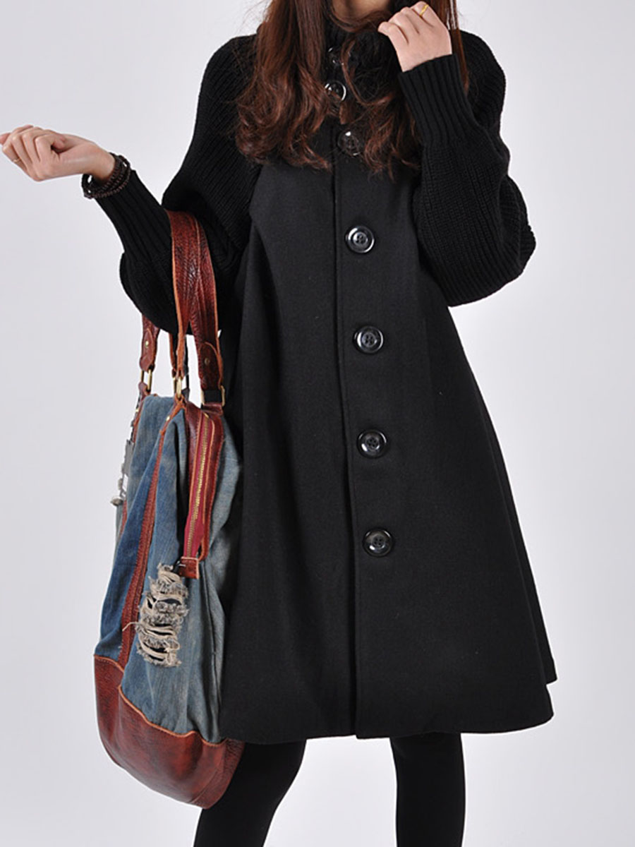 High Neck Patchwork Crochet Curved Hem Plain Raglan Sleeve Long Sleeve Coats