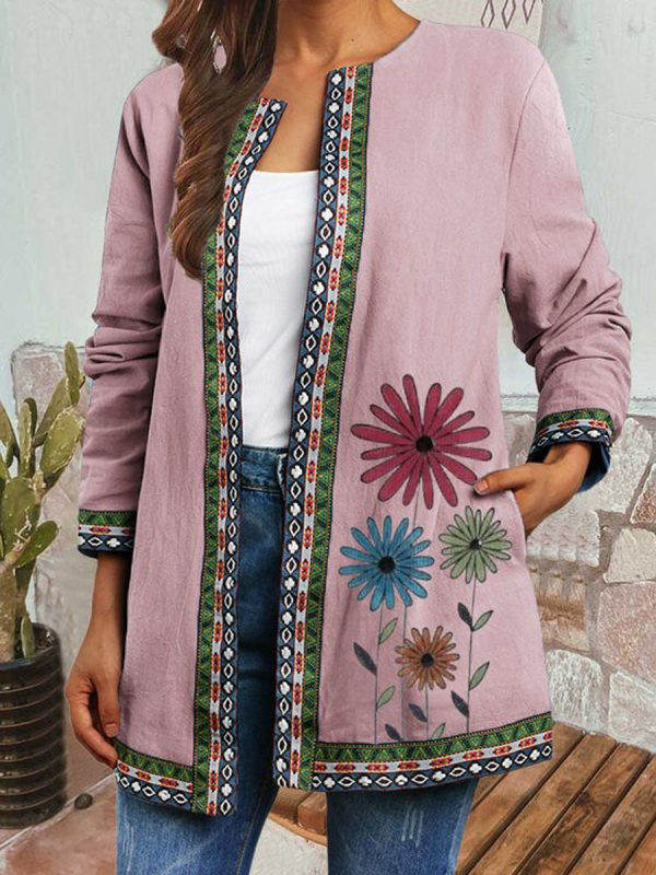 Floral Print Two-pocket Casual Cardigan Jacket