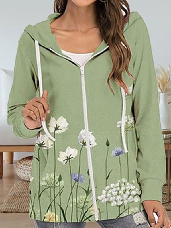 Fashion Flower Print Long Sleeve Hooded Jacket