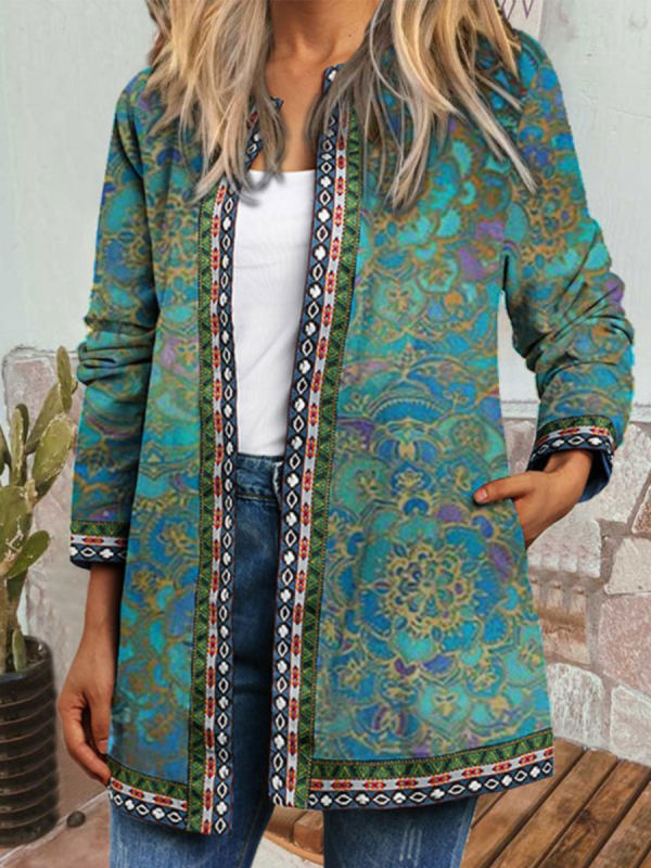 9223# Amazonwish Autumn And Winter New Retro Ethnic Print Long-sleeved Jacket Jacket Cardigan Women's Clothing
