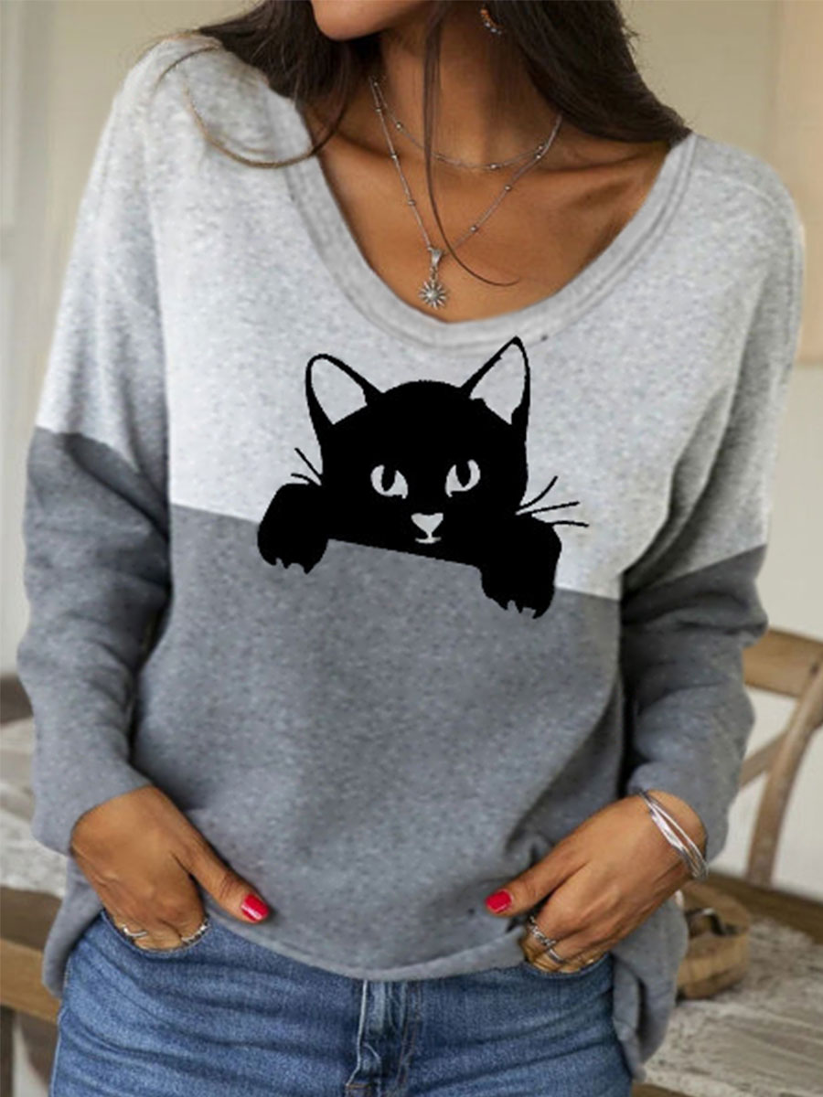 Fashion Cat Pattern Long Sleeve Round Neck Casual Sweatshirt