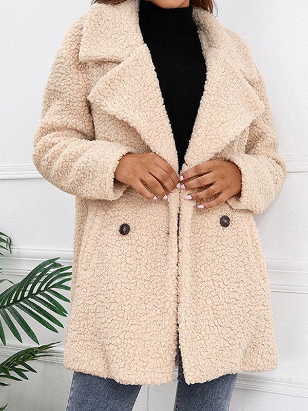 Casual Solid Color Long-Sleeved Double-Breasted Loose Lapel Faux Lamb Wool Coat